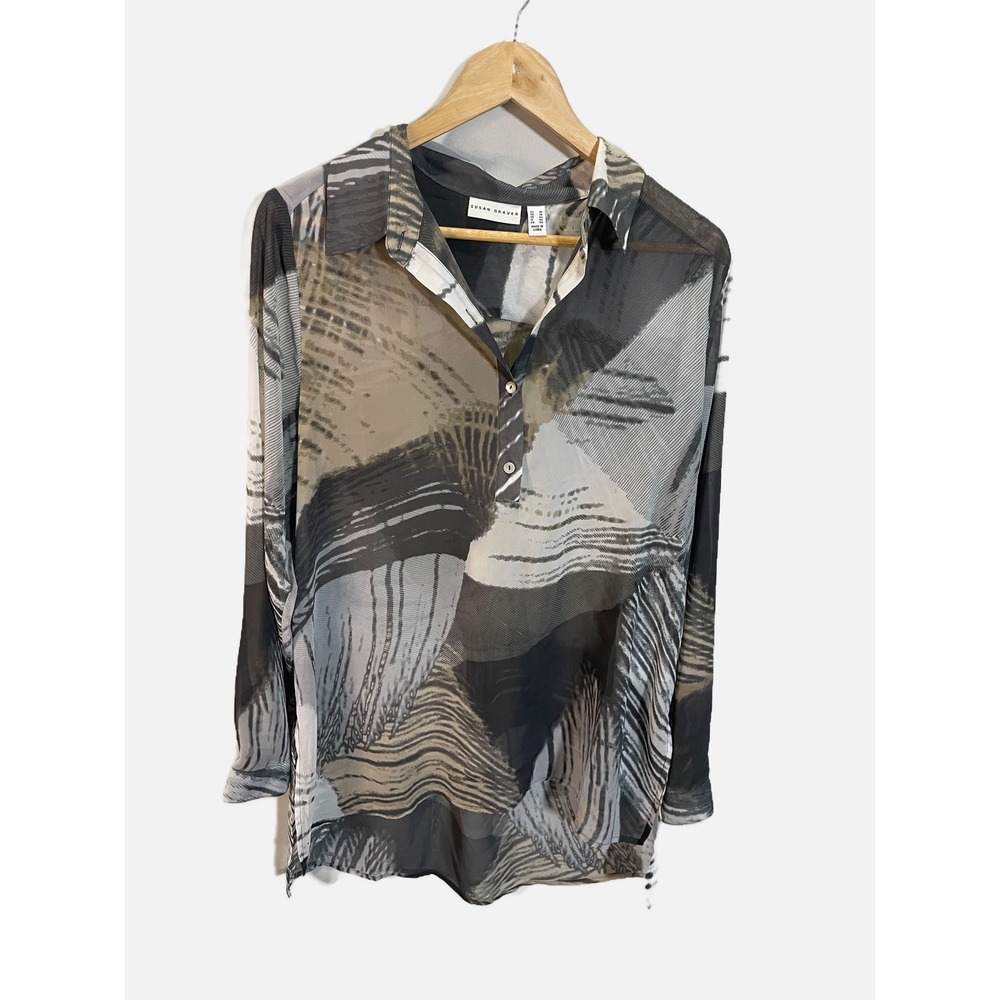 Susan Graver Chiffon Blouse Womens 10 Grey Abstract Print Sheer Tunic Top Casual